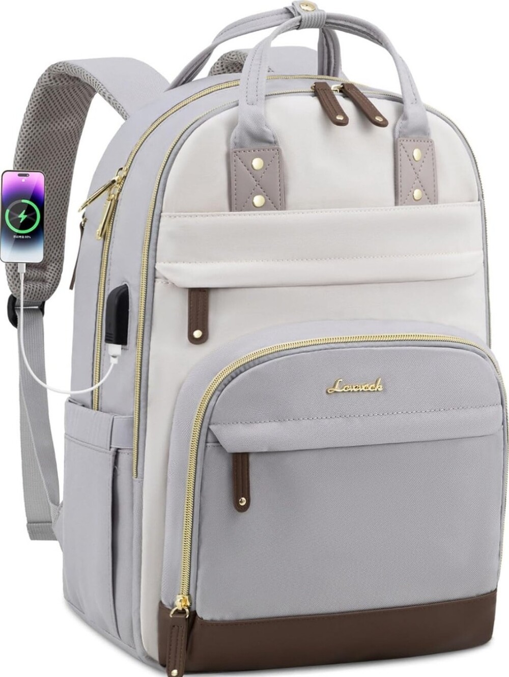 Lovcach Light Gray and Cream Multi-Pocket Women's Backpack Tote